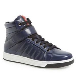 PRADA Men's High Top Leather Sneakers "Nappa" Blue.